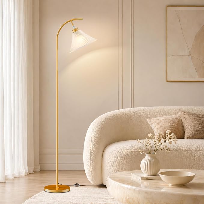 Gold Floor Lamp with Remote, Dimmable Glass Arc Standing Lamp, Ribbed Frosted Glass Shade, 3 Color Temperatures, Foot Switch, 9W LED Bulb for Living Room Bedroom Office