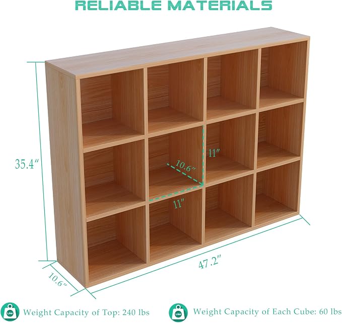 12-Cube Storage Shelf Bookcase, Oak | Wooden 3-Tier Open Bookshelf, Fits 11×11" Bins, Vertical or Horizontal Use, Full Back Panels, For Home Office