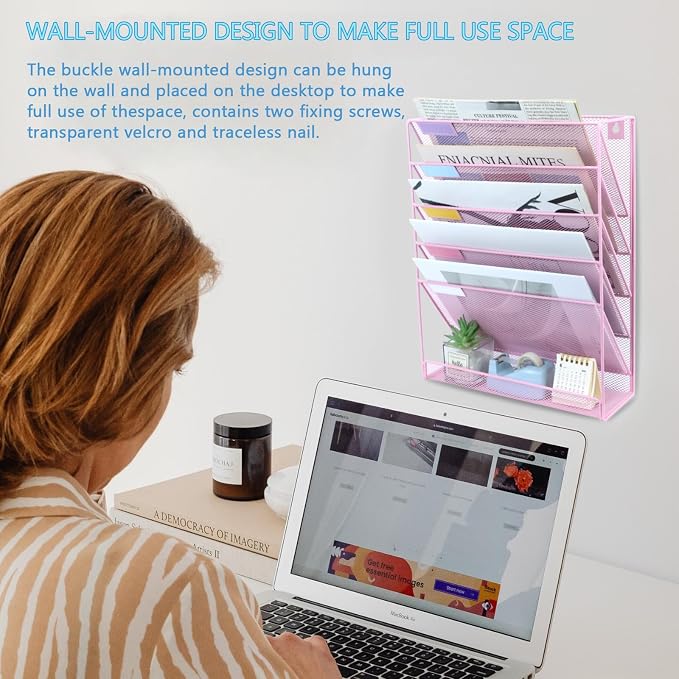 5 Pockets Mesh Wall File Holder Organizer with Bottom Flat Tray, Office Hanging File Folder Magazine Rack, Nametag Label Hooks Set Included, Pink