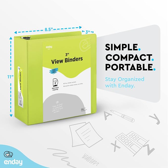 Enday 3 inch Binder (12 Pack - Green) 3 Ring Binder 3 inch with Clear View Cover and 2 Inside Pocket - for Letter Size 8.5 x 11'' Paper, Ideal for School Supplies, Office, and Home