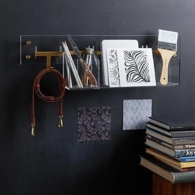 russell+hazel Acrylic Wall Rail with Gold Hardware, Clear, 24" | Mounts accessories along a sleek acrylic rail for wall organization. Clear with gold-toned hardware, doubles as decor.