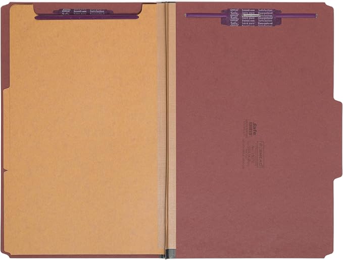 Smead Pressboard Legal Size File Folders with SafeSHIELD Fasteners, 2 Dividers, 2" Expansion, Office Folders, Paper Holder, Red, 10 per Box (19075)