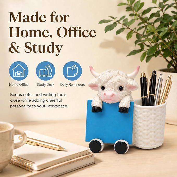 Highland Cow Note Pad Dispenser with Pen Cup, Desk Organizer | Cute highland cow note pad dispenser with pen cup, perfect for desks, offices, classrooms, and cow lover gifts.