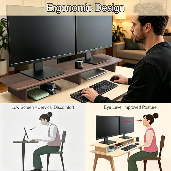 Solid Wood Dual Monitor Stand Riser Walnut Monitor Riser for Desk Wooden Desk Shelf Ergonomic Monitor Stand for Home Office