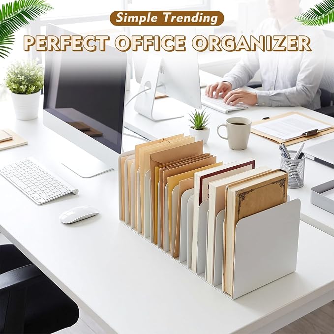 Suzile Metal Desktop File Organizer, 15 Compartments, Vertical File Sorter, White, 5.79" W x 15.75" L x 5.41" H, Office, Reception Areas, Workspace