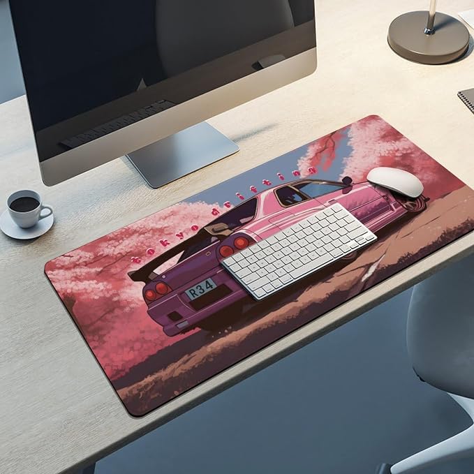 Car Gaming Mouse Pad Large Mousepad Japanese JDM Car R34 Pink Cherry Tree Anime Desk Mat for Keyboard and Mouse Mat Non-Slip Rubber Desk Pad 40x90cm, Style