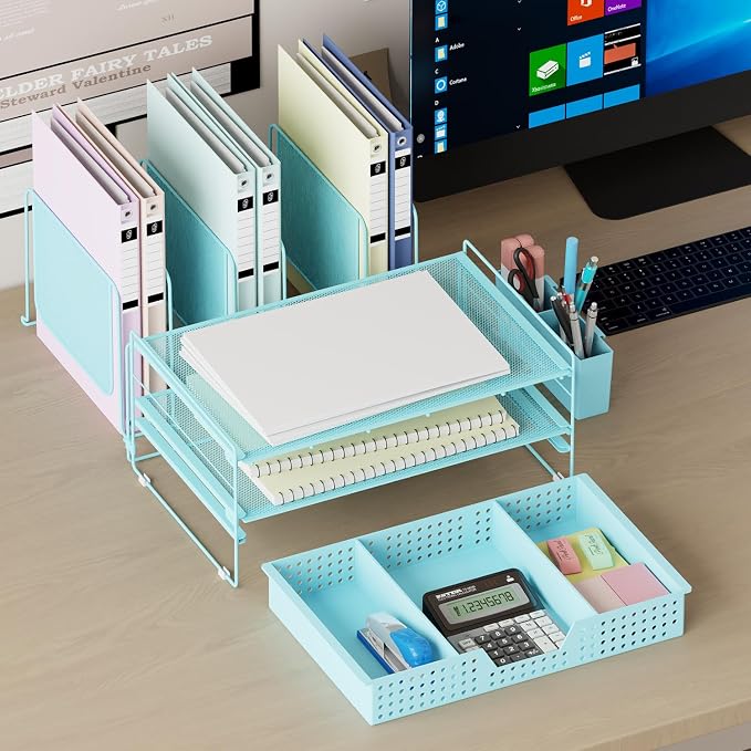 LEKETREE Teal Desk Organizer, Office Organization with Vertical File Holder, File Organizer with Drawer and Pen Holder, Desk Accessories and Workspace Organizers for Home Office (Sky Blue)