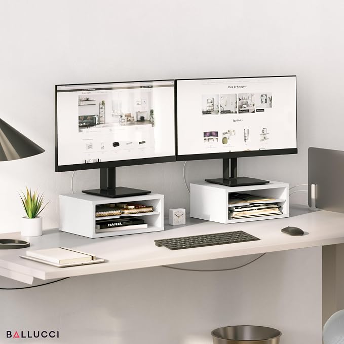 Ballucci File Organizer, 2-Tier Document Paper Sorter, Stackable Wood Desk Organizer Mail Holder, Monitor Stand with Storage Shelves, White