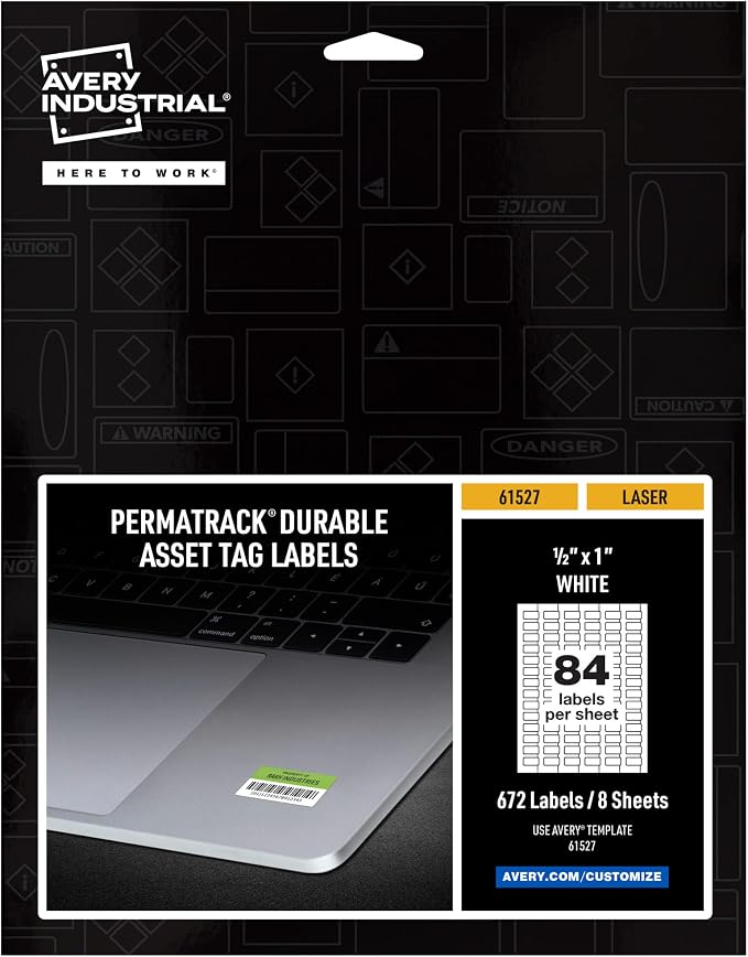 Avery White Asset Tag Labels, 1/2" x 1", Laser Printable Tags, 672 Waterproof Labels (61527)