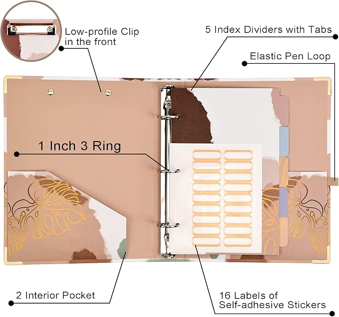 EYROZILL Mini 3 Ring Binder, 5.5" x 8.5", 1 Inch with Pockets, Binder Clipboard for Hair Style Client, Legal Case, Law Reference, Artist Portfolio (Brown Impression)
