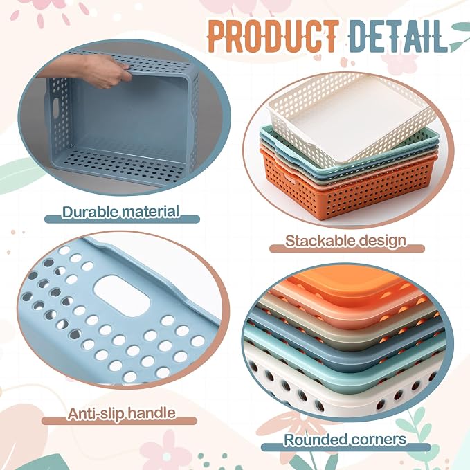 Geetery 6 Pack Classroom Storage Baskets with Handle,Boho Color | 14''x10'' Paper Tray Holds A4 Turn in Trays Plastic Paper Baskets Desk Organizer Bin for Classroom, Library, Office, Home