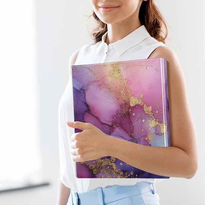 Purple Pink Blue and Gold Marble Binder 3 Ring 1.5 Inch Binder with Clipboard&Pockets, Hardcover Binders Heavy Duty Large File Folder for Office School Supplies - Holds 200 Sheets