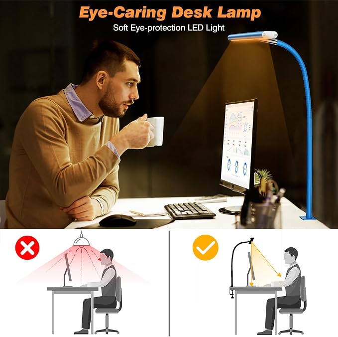 Airlonv LED Desk Lamp with Clamp, 17" Stepless Dimming Light, Blue | 2700K-6500K, 100 LEDs, 360° Gooseneck, Fits Up to 30" Monitors, Flicker-Free Lighting for Home Office, Study& Workbench