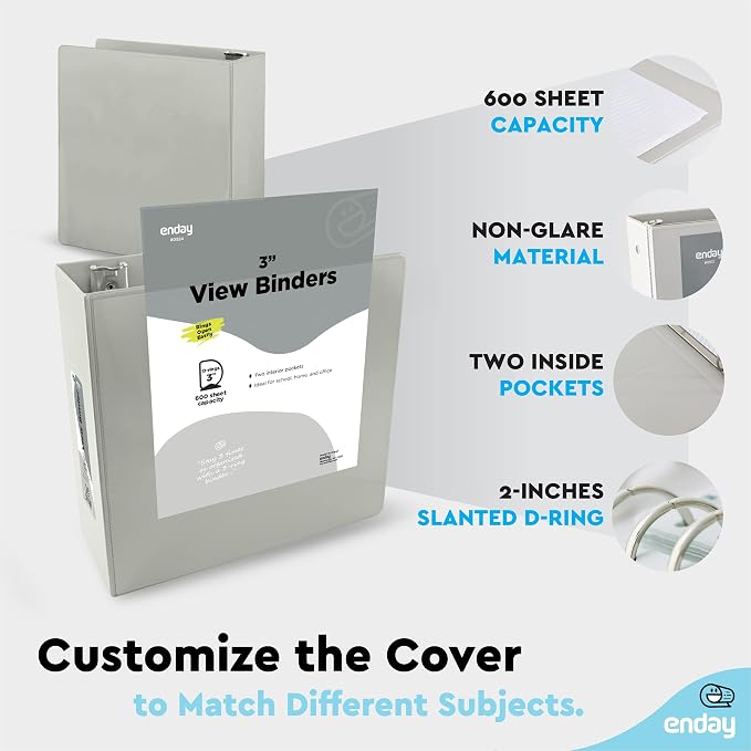 Enday 3 inch Binder (6 Pack - Grey) 3 Ring Binder 3 inch with Clear View Cover and 2 Inside Pocket - for Letter Size 8.5 x 11'' Paper, Ideal for School Supplies, Office, and Home