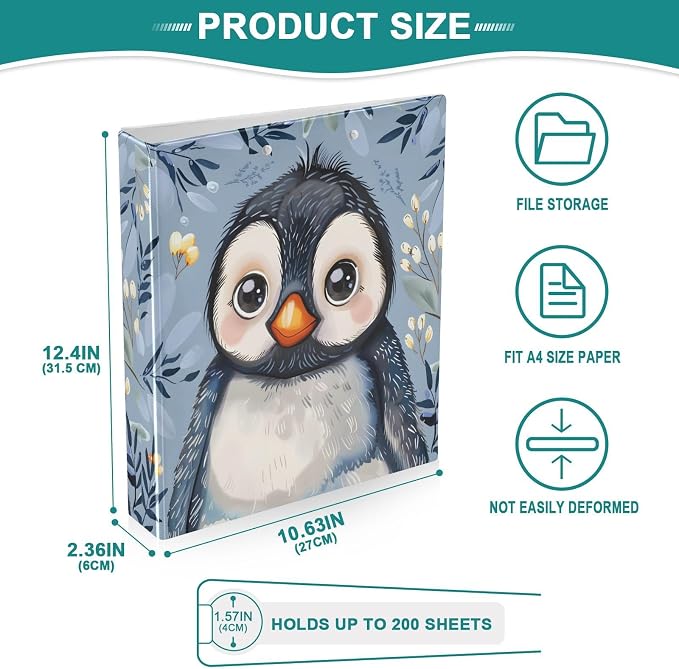 Cute Baby Penguin Floral 3 Ring Binder 1.5 Inch 1 Pack with 200 Sheet for Kids School Supplies Women Men Office