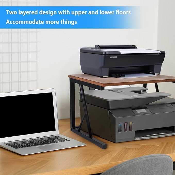 Printer Stand for Desk with Storage, Desktop Printer Stand Shelf Organizer, Fixed 2-Tier Heavy Duty Wood & Metal Desk Printer Stand, Small Printer Table for Home Office Kitchen, 100 lb Capacity