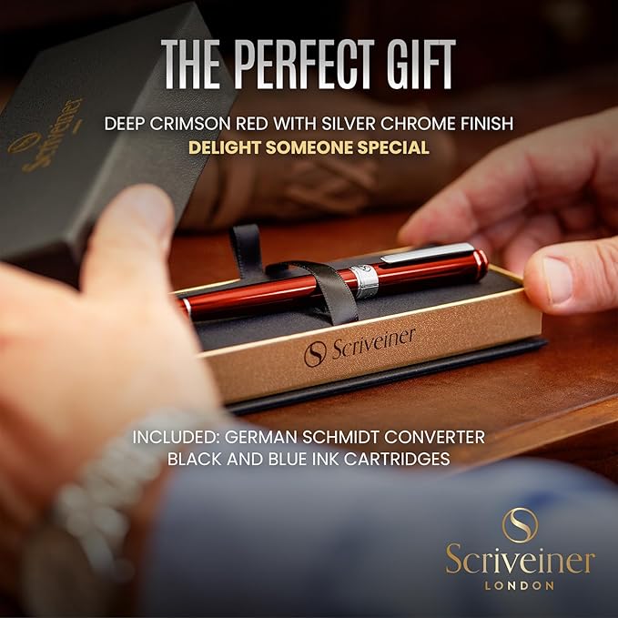 Scriveiner Deep Crimson Red Fountain Pen - Stunning Luxury Pen with Chrome Finish, Schmidt Nib (Fine), Best Pen Gift Set for Men & Women, Professional, Executive, Office, Nice Pens