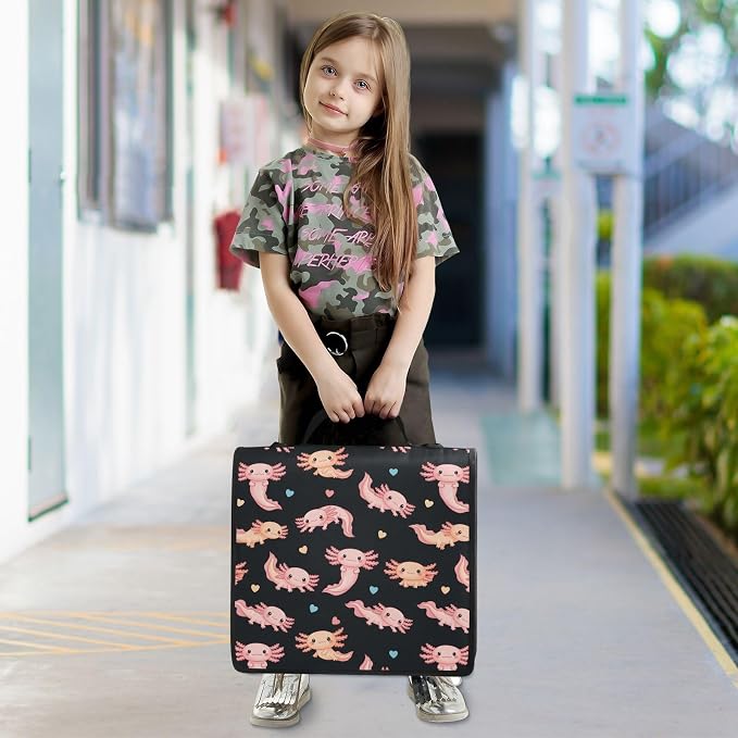 Cute Axolotl Black Print Zipper Binder Bag 3 Ring with Shoulder Strap & Handle Multi Pocket Binder Organizer Bag Large Capacity for School Office Supplies
