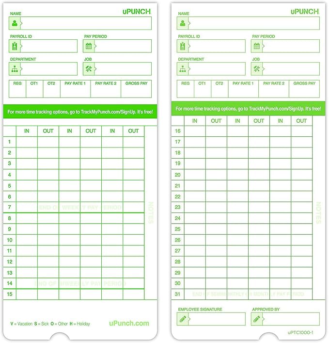 uPunch Time Clock Cards Hn3000, Two Sides, 7.37 X 3.37, 50/Pack