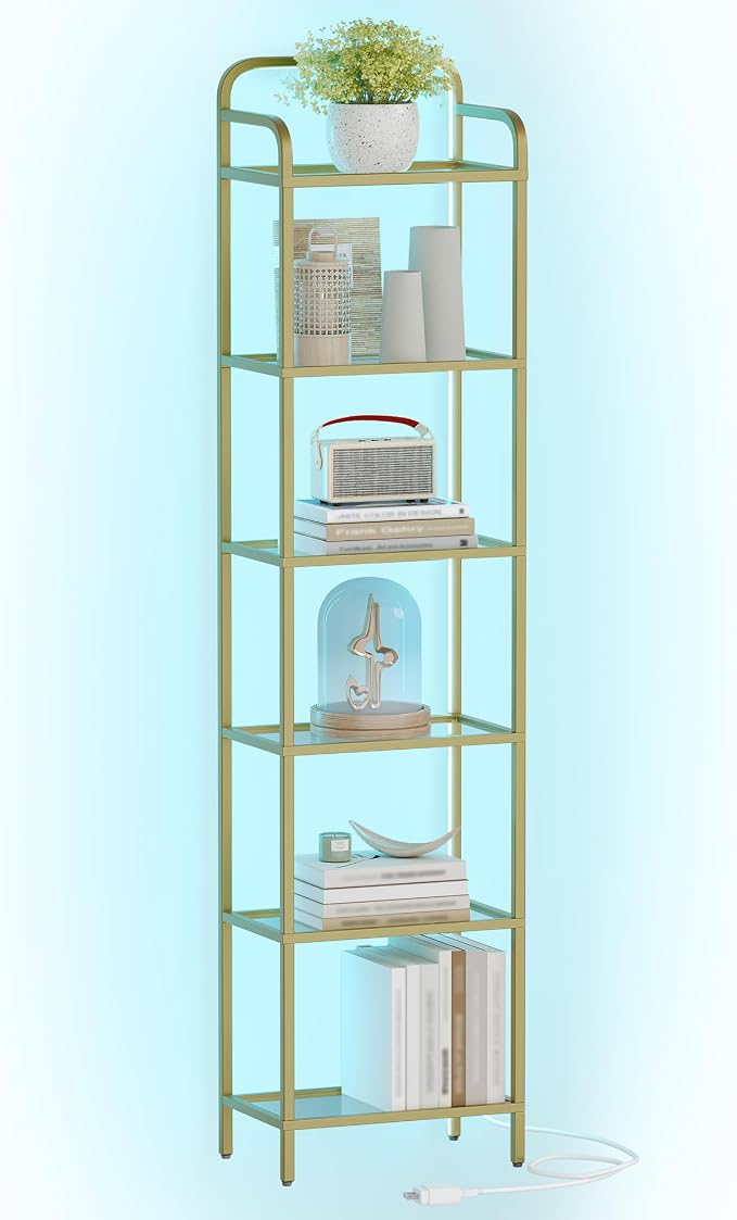 Hzuaneri Bookshelf, Tempered Glass Bookshelves with Lights and Steel Frame | Tall Narrow Bookcase, Display Shelf, Slim Shelving Unit for Living Room, Bedroom, 9.6"D x 15.4"W x 66.5"H Gold BC34699G