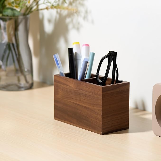 Walnut Pencil Holder (Double Slots) Wood Pen Holder for Desk
