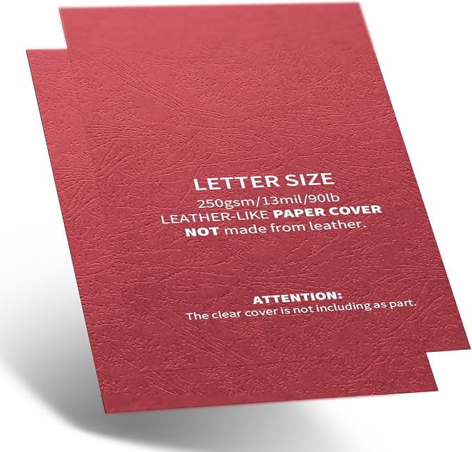 Binditek 13 Mil Paper Binding Covers, 8.5 x11 Inches, Red, 100 Pack | Grain-Texture, 8.5" x 11" Letter Size, 250 GSM, 90 lb, Square Corners, Unpunched, for Business, School Projects