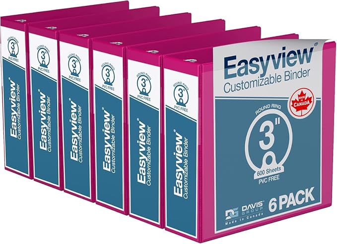 Easyview 3-Ring Binder, Clear-View Cover, 3" Round Rings, 6 Pack | Heavy-duty binder, fits 8.5" x 11" paper, pink, customizable cover, made in Canada, ideal for school or office use