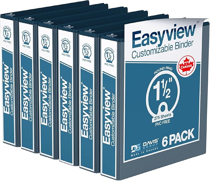 Easyview Premium 3-Ring Binders with Clear-View Covers and Round Rings, Binders for School or Office, 1.5 Inch, Pack of 6, Navy Blue