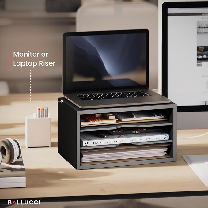 Ballucci File Organizer, 3-Tier Document Paper Sorter, Stackable Wood Desk Organizer, Mail Sorter and Monitor Stand with Storage Shelves, Black