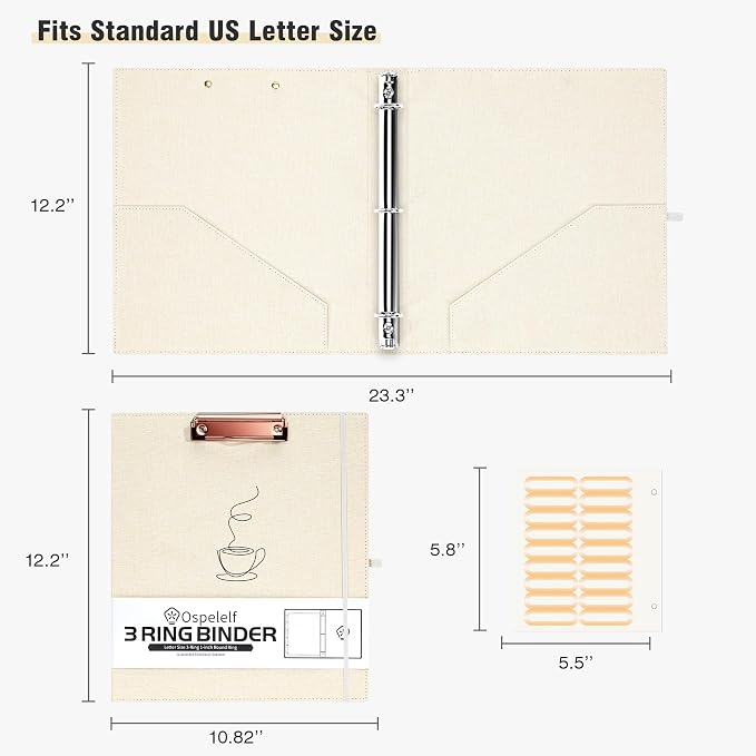 Ospelelf Linen 3 Ring Binder 1 Inch Round Ring Binder with Zipper Pockets and 5 Tab Dividers, Hardcover Clipboards Binder with Storage (8.5" x 11") for School Office, Beige