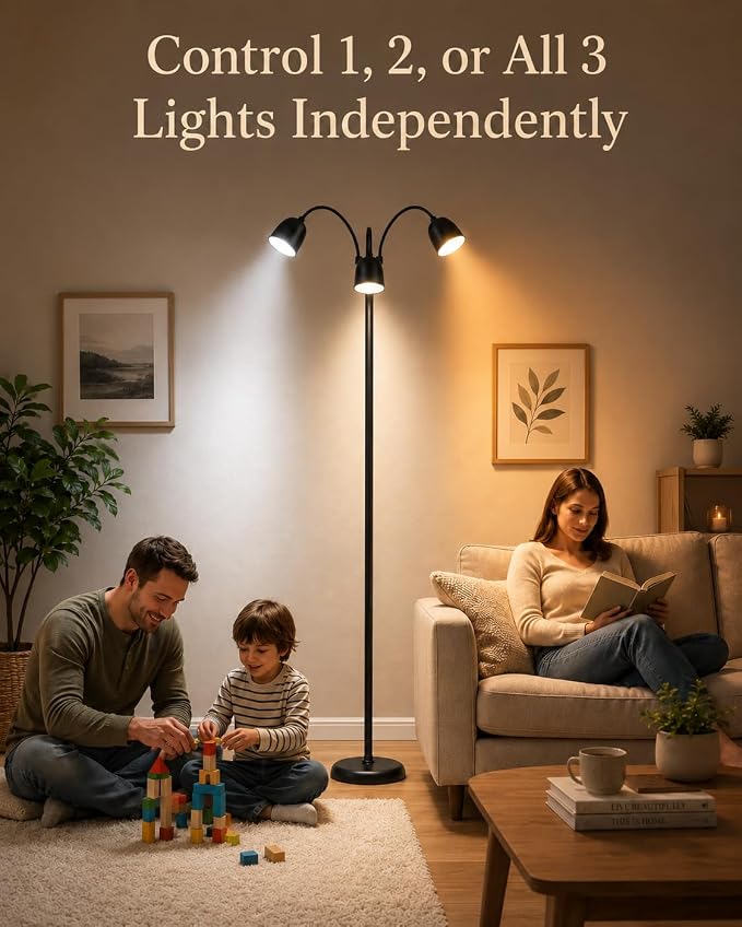 1700K Ultra-Warm 3-Head Floor Lamp, 80.7" Tall Standing Lamp with Stepless 1700K-6000K Color Temperature and Brightness, Individually Controlled Lights, Remote, Timer & Memory for Living Room Bedroom