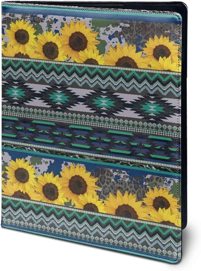 Dreaweet Sunflower Aztec Print Padfolio for Women Green Leather Portfolio Binder,Interview Legal Document Organizer with Pen Slots Business Card Holder Letter Sized Writing Pad