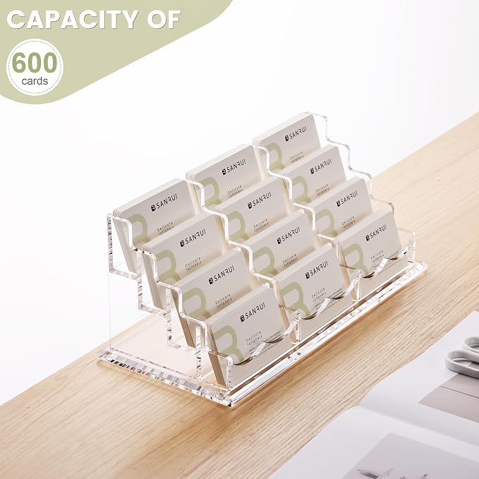 YUXUN Business Card Holder Display for Desk-12 Slots 4 Tier | Clear Multiple Acrylic Cards Stand for Women and Men, Business Card Holder Case for Office Supplies Home School
