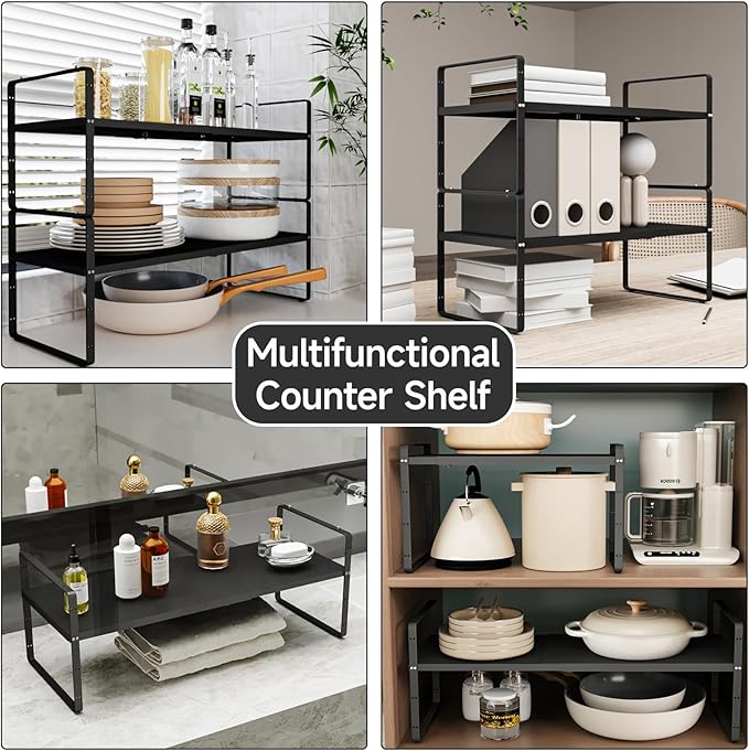 jkxoo 2Pack 16.5-27’’L Expandable Kitchen Shelf Organizer, Stackable Shelves Organizer, Adjustable Height Pantry Spice Rack for Cabinet, Countertop, Pantry and Cupboard, Black