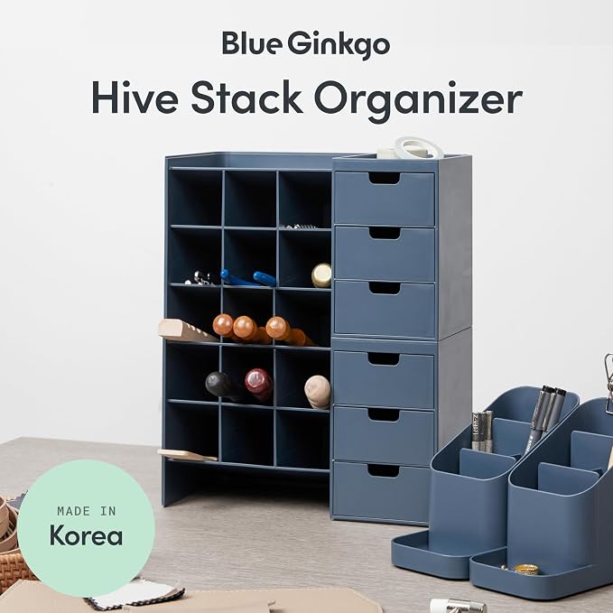 Blue Ginkgo Stackable Desk & Pen Organizer, Blue, Made in Korea | Multi-Compartment. 3 Drawers. Easy Access.