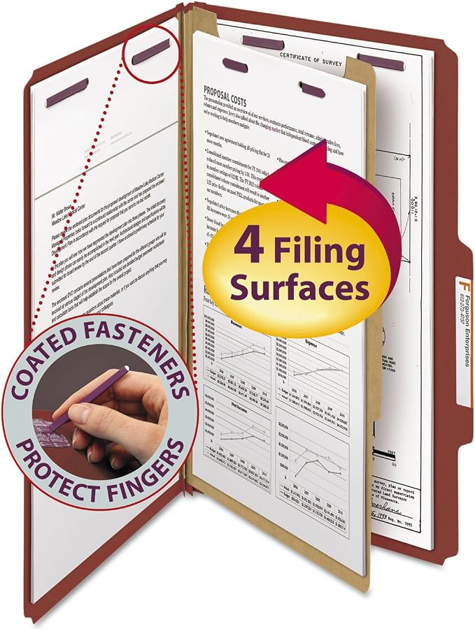 Smead Pressboard Classification File Folder with SafeSHIELD Fasteners, 1 Divider, 2" Expansion, Legal Size, Red, 10 per Box (18775)