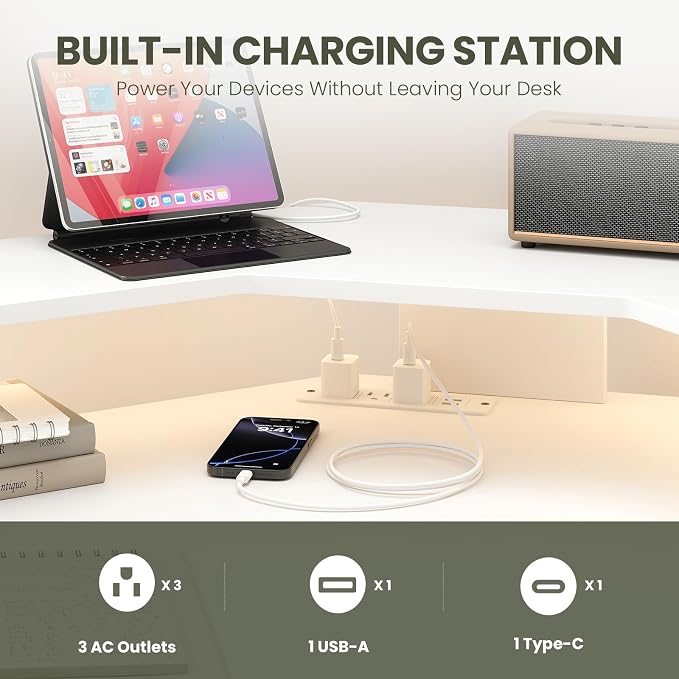 MALOL 59" L Shaped Electric Standing Desk with Drawers, Height Adjustable Desk with Power Outlets & LED Lights, Monitor Stand, Corner Computer Desk for Home Office, White