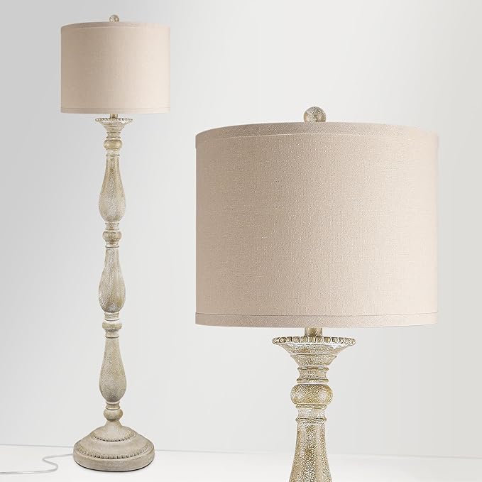 Vintage Floor Lamp for Living Room, Rustic Farmhouse Standing Lamp with Rotary Switch and Linen Shade, Retro Resin Floor Lamp for Bedroom, Corner, Dining Room, House Decor, Grey