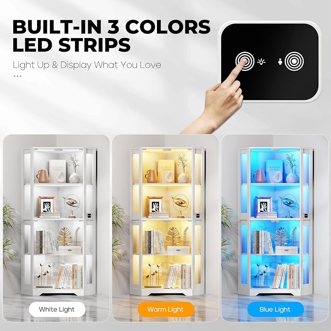 BROTTAR Lighted Corner Display Cabinet with Glass Doors for Collectibles | 65" Curio Cabinet with 3 Color LED Lights, 4-Tier Showcase Display Case with Human Body Sensor for Trophies, Books, White