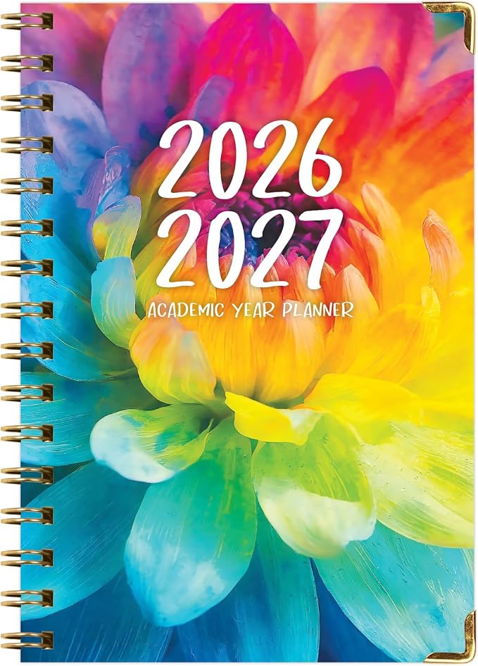 HARDCOVER Academic Year 2026-2027 Planner: 14 Months (May 2026 Through June 2027) 5.5"x 8" Daily Weekly Monthly Planner Yearly Agenda. Bookmark, Pocket Folder and Sticky Note Set (Rainbow Petals)