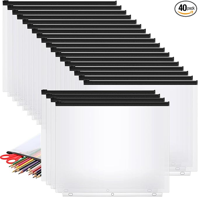 Gersoniel 40 Pieces Binder Pockets 3 Hole Zipper Pouch 3 Ring A4 Pockets with Zipper Binder Folders Plastic Pouches Loose Leaf Bags Waterproof PVC Document Filing Bag(Black)
