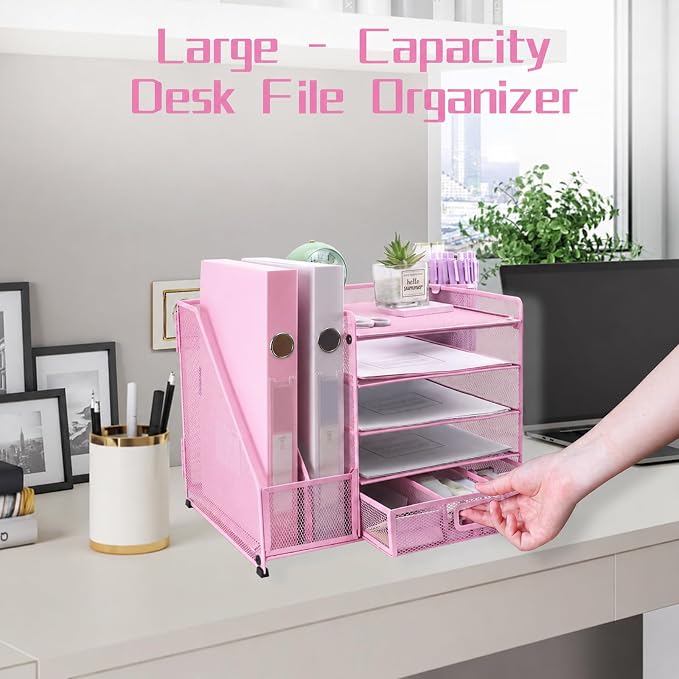 Desk Organizers and Accessories with File Holder, 5-Tier Paper Letter Tray Organiser with Drawer and 2 Pen Holder, Mesh Desktop Document Organizer for Office Supplies, Workspace - Pink
