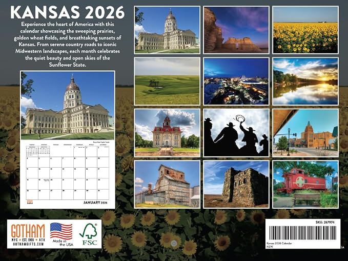 Kansas Calendar 2026 Wall 12 Month Monthly KS Scenic Souvenirs Themed Gifts | American Made In The USA