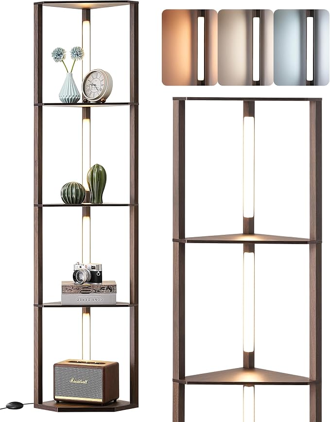 EDISHINE Dimmable LED Floor Lamp with Shelves, Corner Floor Lamps for Living Room, Corner Shelf with LED Light, 3CCT, Modern Standing Lamp, Floor Lamp for Bedroom, Office, Walnut | 4-Layer Shelf, Foot Switch, Rotatable Light Bar, Modern Corner Lamps fo...