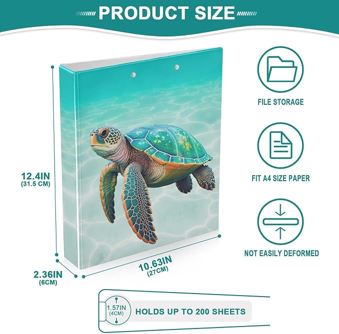 3 Ring Binder Sea Turtle 1.5" Round Ring Binders View Binder with 200 Sheet for Kids School Supplies Women Men Office, 1 Pack
