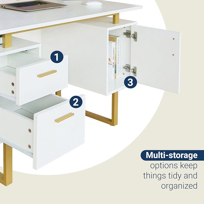 Techni Mobili 51"W Computer Desk w/ 2 Drawers & Storage Cabinet, White/Gold | Home office workstation, durable construction, everyday productivity, Ideal for home office, Workspace organization