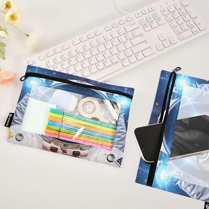 Astronaut Cat Space Pencil Pouch for 3 Ring Binder, 2 Pack Waterproof Pencil Bags Clear Window Zipper School Office Supplies