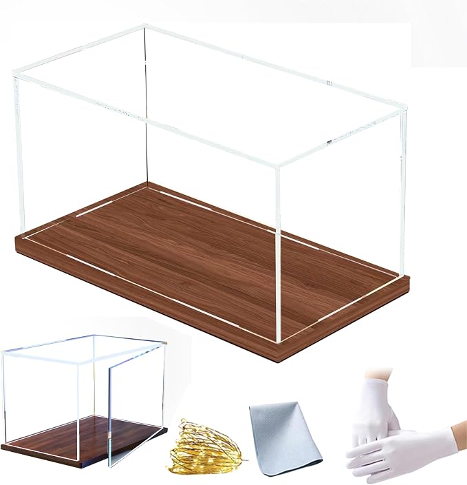 Clear Acrylic Display Case for Collectibles Assemble Transparent Acrylic Box Dustproof Protection Showcase with Wood Base and Lamp Beads,20x24x4in(Length x Width x Height)
