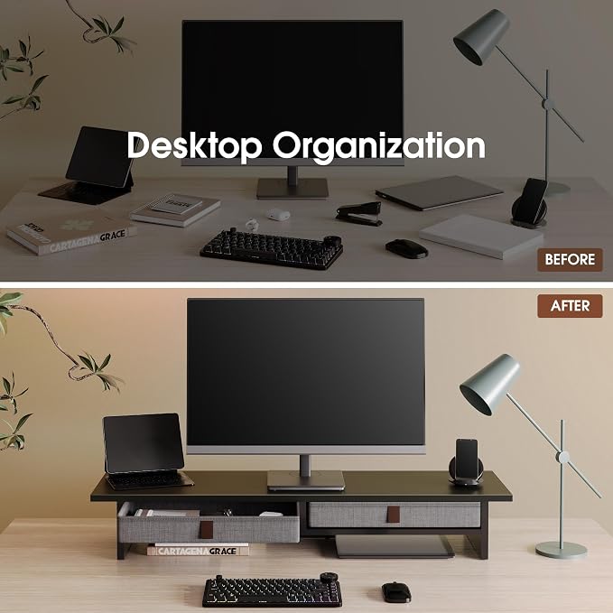 Fenge 35 Inch Monitor Stand with Drawer Storage, Computer Riser for Desk | Wooden Computer Shelf, 2 Tiers, for Dual Monitor/Laptop/PC/TV/Printer up to 55Lbs, Home Office Desk Organizer