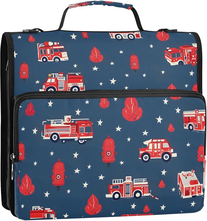 Fire Truck Engine Hydrant 3 Ring Binder Bag 1.5 inch Binder Organizer with Zipper Shoulder Strap 500 Sheet Documents Storage for School Office
